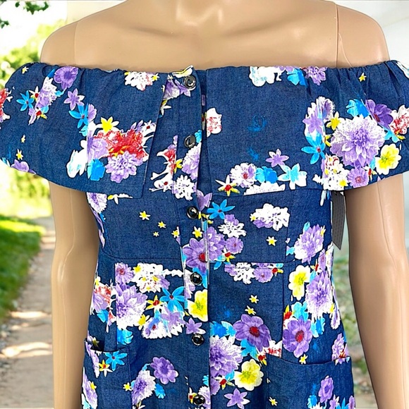 NEW Diva USA Floral Chambray Blue Flutter Sleeve Dress - Picture 8 of 16